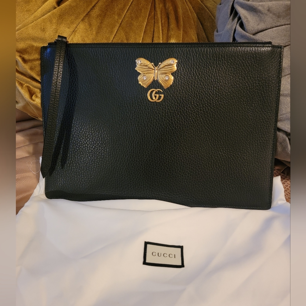 Gucci Black Leather Clutch with Gold Butterfly